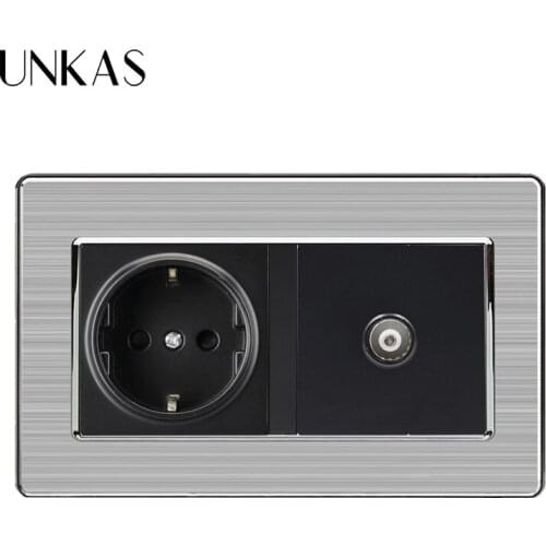 UNKAS 16A Russia Spain EU Standard Power Socket Grounded With Female TV Jack Stainless Steel Brushed Panel Wall Outlet