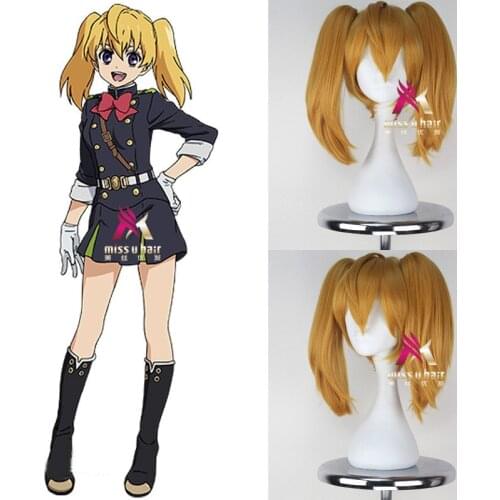 Party halloween Mitsuba Sangu Seraph of the end Wigs Gold Heat Resistant Synthetic Hair Perucas Cosplay Wig + Wig Cap