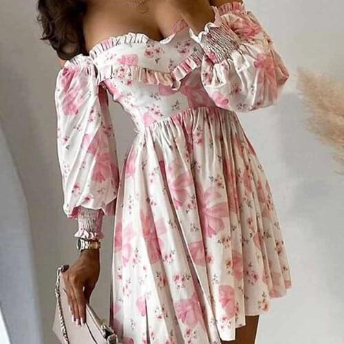 Vintage CasualWomens Puff Sleeve Wrap Summer V-Neck Boho Floral Print Cotton Dress Elegant Mini Sundress Plus Size XXXL