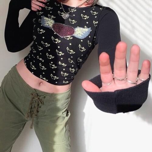 Y2K Aesthetic Fairy Gunge Long Sleeve Sweats Tees Diamonds Print Black Graphic T-shirtAutumn Top 90s Vintage Women Streetwear