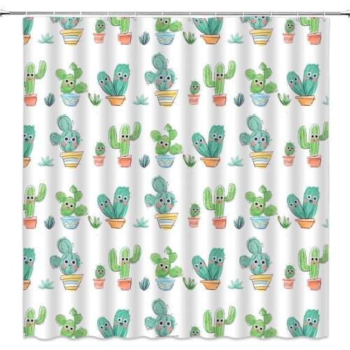 Cactus Shower Curtain Funny Cacti Saguaro Potted Cute Expression Kids Cartoon Botanical Fabric Bathroom Decor Hooks Included