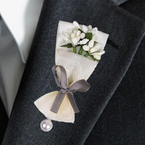 Wedding Artificial Flowers Boutonnieres Corsage Pin Prom Brooch Groom Mariage Ivory Buttonhole Men Party Decoracion X168M