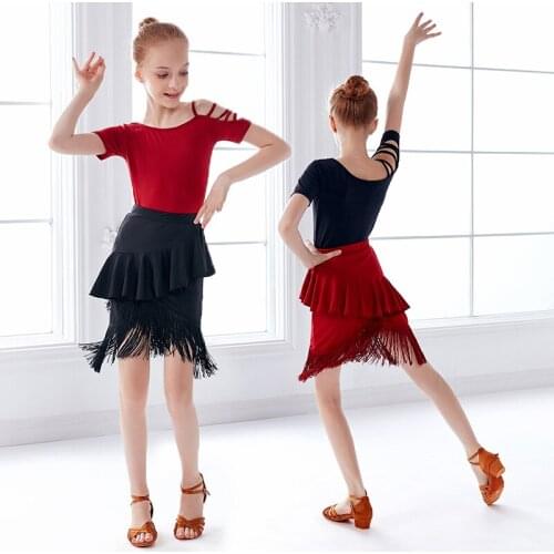 Girls Women Latin Dance Dresses Kids Fringe Dance Wear Black Red Performance Stage Wear