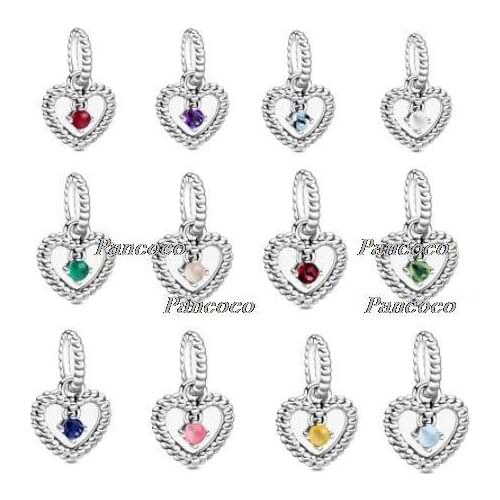 925 Sterling Silver Month Signature Birthstone Beaded Heart Charm Bead Fit Women Pandora Bracelet & Necklace Jewelry