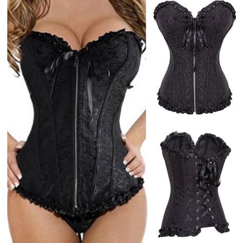 Womens Black sexy corset Zipper Front Bustier Corset Top Plus Size Overbust Lace Up Boned Renaissance Waist Trainer Corselet