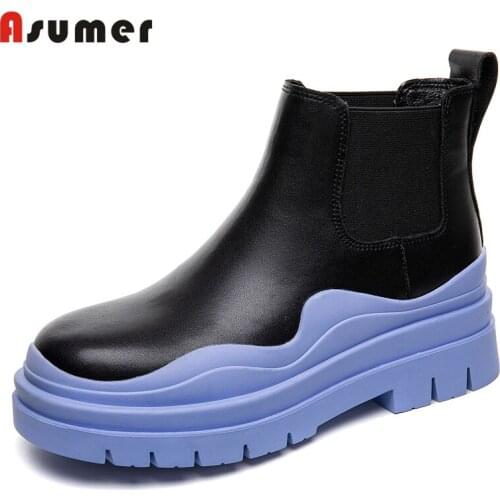 Asumer 2021 Autumn Genuine Leather Shoes Women Chelsea Boots Slip On Short Ankle Boots Chunky Brand Women Boots Ladies Shoes