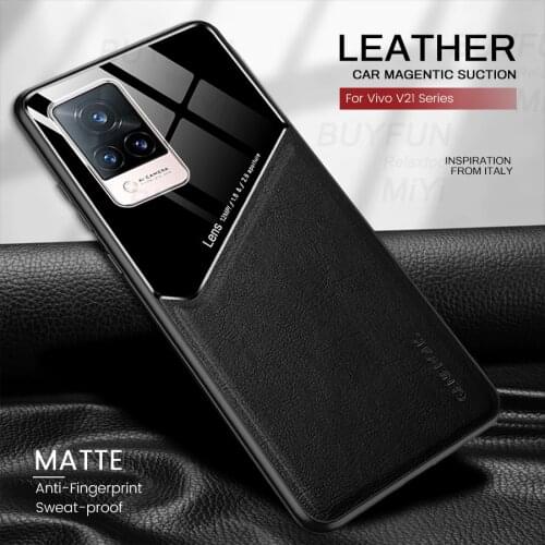 Car magnetic suction holder leather texture covers case for vivo v21 v21e v 21 e 21e 2021 4g 5g tpu soft frame shockproof coque