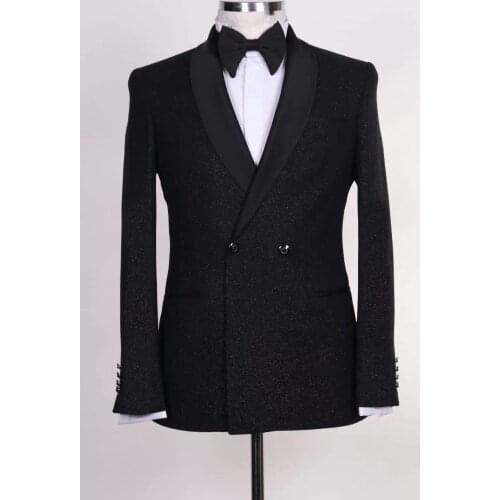 Latest design Deluxe Shiny Black Wedding Suits male groom double-breasted slim men leisure business party performance man Blazer