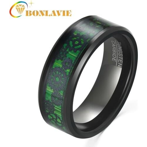 BONLAVIE 8mm Electric Black Inlaid with Green Carbon Fiber and Gear Pattern Tungsten Steel Ring Men Wedding Jewellery