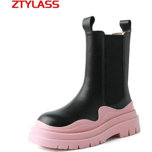 Women Genuine Leather Slip On Ankle Boots Fashion Mixed Colors Platform Women Shoes Comfort Low Heel Autumn Winter Short Boots