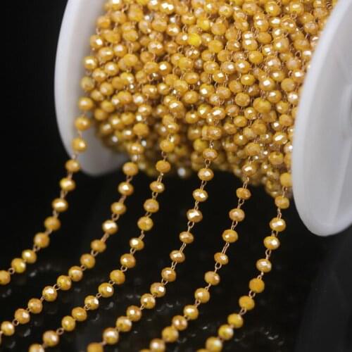 5Meter 2x3mm Deep Yellow Glass Rosary Chain,Faceted Rondelle beaded Link Brass Wire Wrapped Chain,DIY Necklace Bracelet Jewelry