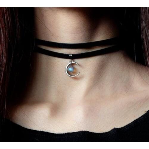 Celestial Necklace Crescent Pendant Choker Labradorite Inspired Statement Punk Jewelry Witchy Halfmoon Luna Women Fashion Gift