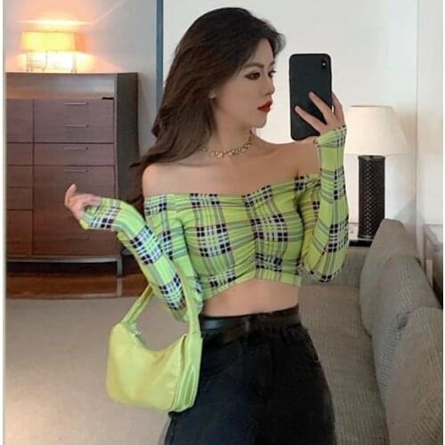 Women Off Shoulder Plaid T-shirt Casual Sexy Streetwear Autumn Long-Sleeved Ladies Korean Sweet Tee Shirt