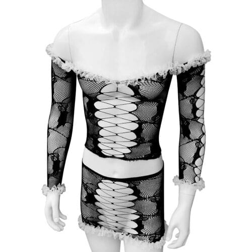 Gay Sissy Men Underwear Costumes Sexy Lingerie Set Ruffled Lace Sheer Mesh Crop Top Skirted Panties See through Exotic Sets