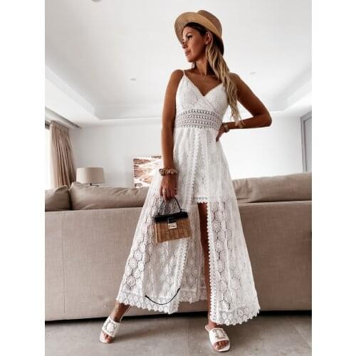 Sexy Sling Stitching Casual One-piece Outfit Summer Ins Home Holiday Hollow Out Jumpsuits 2021 Women Boho Elegant Solid Loose