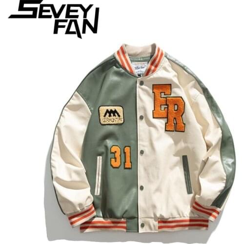 SEVEYFAN Mens PU Jacket Retro Casual Towel Embroidery Stitching Color Baseball Uniform Loose Casual Jacket Male