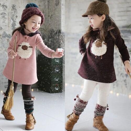 New Fall Winter Childrens Wool Sweatshirt Girls Thick Cotton Not Down Velvet Dress Fashion Cartoon Cashmere Plush Velvet Dress