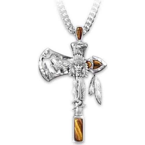 Punk Cross Necklace Viking Eagle Wolf Ax Indians Alloy Pendant Necklace Unisex Women Men Hip Pop Street Style Chain Necklace