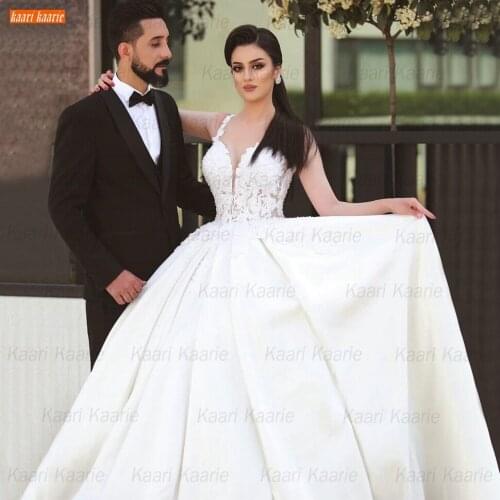 Sexy Boho White Wedding Gowns 2020 Lace Appliqued Satin Ivory Ball Gown Bridal Dresses Long Arabian Custom Made Vestido De Noiva