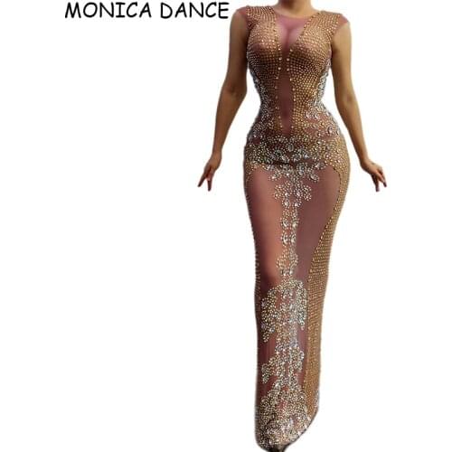Sexy Nightclub Sparkly Gold Rhinestones Transparent Long Dress Womens Birthday Celebrate Mesh Outfit Dancer Wear Bar Dress