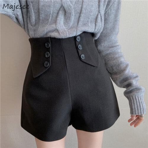 Shorts Women Double Breasted Solid Black Regular Korean Style High Street Fitness Slim Daily Office Lady Simple Retro Female New