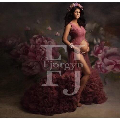 Sexy V-Neck Split Maternity Dresses for Babyshower Fashion Ruffles Tulle Robes Sleeveless Custom Made Pregnancy dress underwear