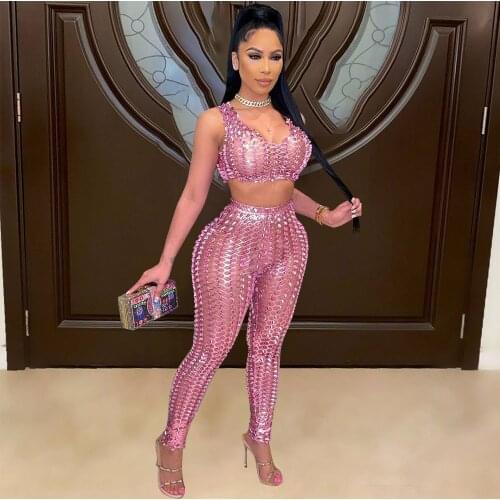 Sexy Fishnet Hollow Out Hole See Through Pants Set Pink Black Brown U Neck Sleeveless Crop Top Bodycon Legging Long Pencil Pants