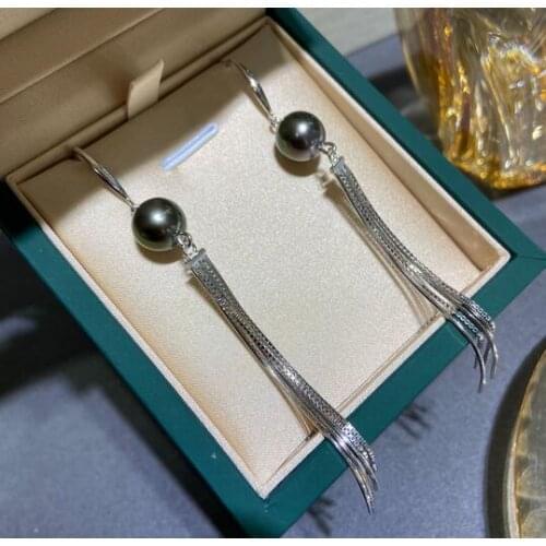 Tahitian pearl Malachite green sea water black pearl TASSEL EAR line S925 silver plated with K-gold Jewellery s925 silver
