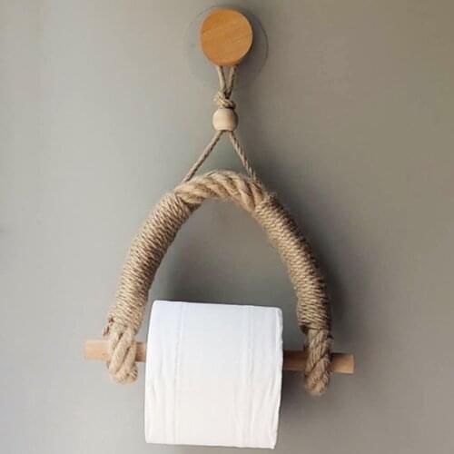 Punch Free Vintage Hemp Rope Hanging Bathroom Toilet Roll Paper Towel Rack Tool