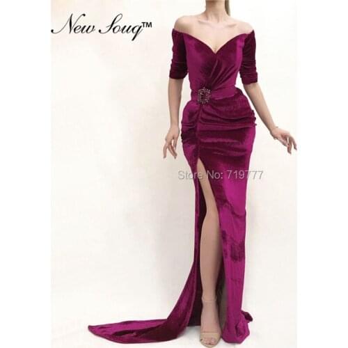Elegant Evening Dress Mermaid Split Long Prom Dresses African Party Gowns Vestidos Velour Arabic Gowns Robe De Soiree 2019 Cheap