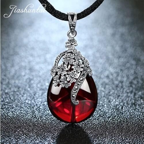 JIASHUNTAI Retro 925 Silver Sterling Royal Natural Red Garnet Gemstone Chalcedony Pendant Necklace Jewelry For Women Vintage