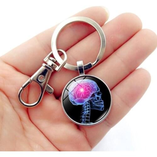 WG 1pc Brain Skull Pendant Keychain Cabochon Time Gem&stone Keyring For Women Car Key Chain Bag Jewelry