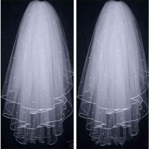 3 Layers White Beige Wedding Bridal Dress Tiara Beads Veil Scarf Shawl 2021