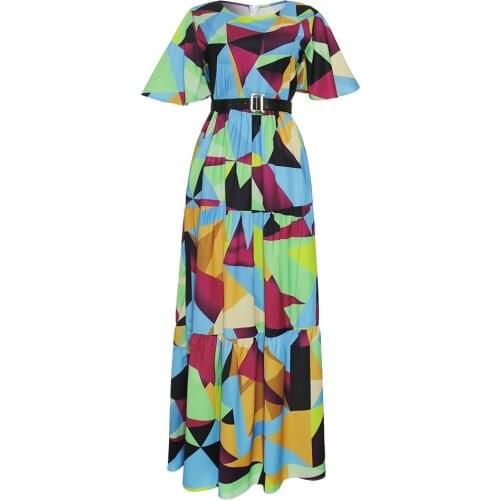 African Clothing Women Fashion Round Neck Short Sleeve Print Chiffon Long Dress With Belt Pleated Female Beach Party Dress