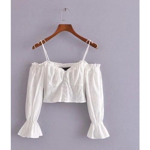 ZA White Sexy Lace Bandage Off Shoulder Shirts Summer Women Crop Long Sleeve Tops Casual Elegant Lady Tops New Wear