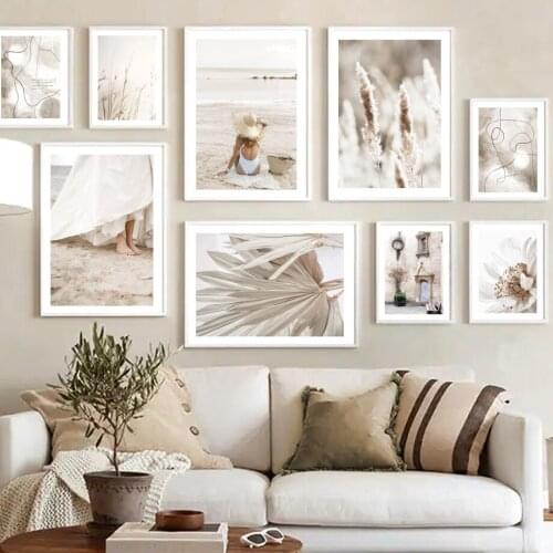 Beige Palm Leaf Feather Reed Beach Girl Flower Wall Art Canvas Painting Nordic Posters And Prints Decor Pictures For Living Room