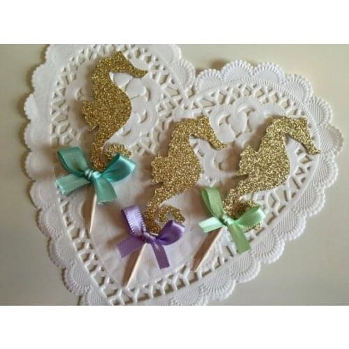 Glitter Aqua Gold Lavender Seahorse Cupcake Toppers Under the Sea birthday bachelor party wedding baby bridal shower toothpicks