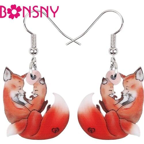 BONSNY Mothers Day Acrylic Red Baby Fox Earrings Long Drop Dangle Fashion Gifts Novelty Jewelry For Women Girls Teens Gifts
