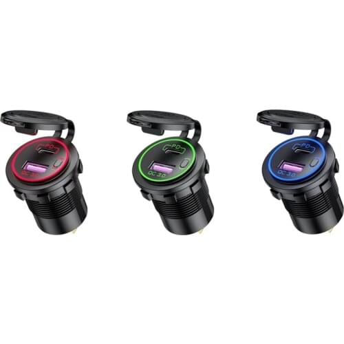 12V 24V QC3.0 USB Type C PD Fast Car Charger with Power Switch for Motorcycle Marine Boat SUV ATV Cellphone Tablet GPS