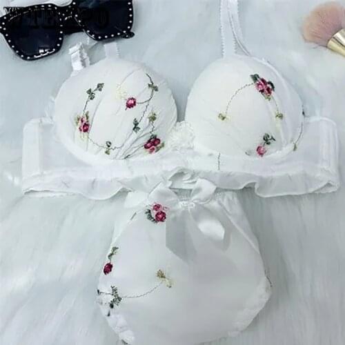 Teen Girl Bras Floral Lace Underwear Set White Pink Bow Kawaii Girl Bra Lolita Bralette and Panty Girl Kawaii Bra Bras