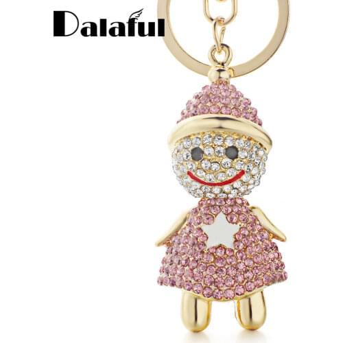 Dalaful Lovely Smile Snowman Yeti Key Chains Rings Holder Crystal Star Lucky Gift Bag Pendant Keyrings KeyChains For Car K265