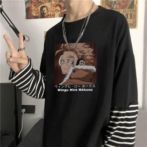 Anime My Hero Academia Hawks Long T-Shirts Mens Harajuku Funny WINGU HIRO HOKUSU Letter Printed Fake Two Pieces Striped T Shirt