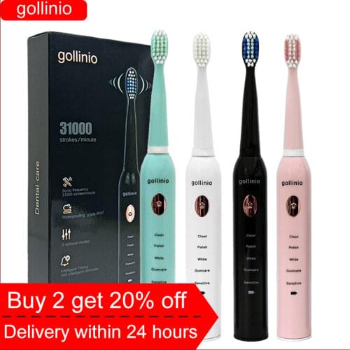 Gollinio Sonic Electric Toothbrush Adult Timer Brush 5 Mode USB Charger Rechargeable Tooth Brushes Replacement Heads Set GL19
