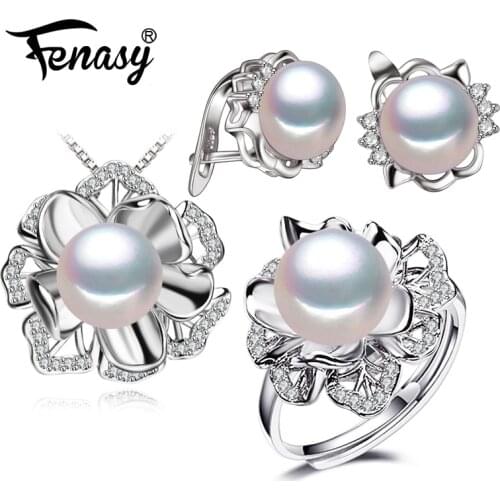 FENASY 925 Sterling Silver Jewelry Sets Natural Pearl Necklaces For Women Classic Stud Earrings Fashion Wedding Pendant Rings