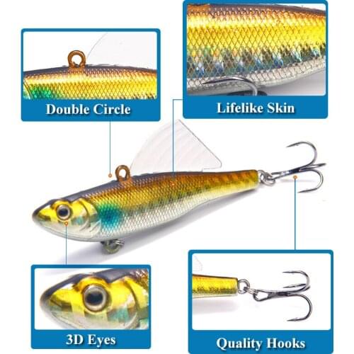 3D Eyes Artificial Pencil VIB 5pcs 6.5cm/17.2g Metal Plastic Hard Bait Wobblers Bass With Sharp Hook Wings Sinking Bionic Bait