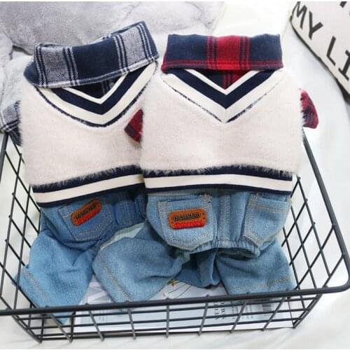 Plaid Shirt With Pet Vest Outfit Red Gray Autumn Winter Winter Dog Puppy Coat Jacket With Denim Pants 2-piece Set Wholesale
