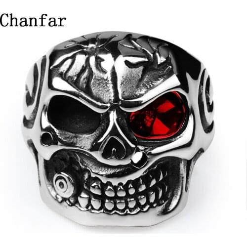 Chanfar Unisex Punk Skull Biker Ring Rock Crystal Paved Cyclopia Stainless Steel Ring For Women Men Jewelry