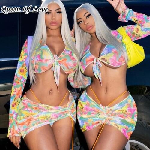 Sexy Mesh Sheer 3 Piece Set Women Club Party Skirt Outfits 2021 Summer Crop Top Runched Drawstring Skirt Matching Sets