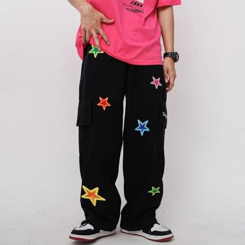 Eukaaru Street vibe embroidered casual pants Mens fashion large pocket overalls cargo pants hip hop wide leg pants sweatpants