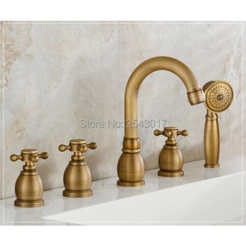 Wholesale and Retail Antique Brass Faucet Deck Mounted 5 Pcs Bathtub Sink Mixer with Hand Shower ZR888